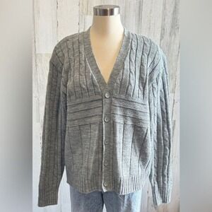 Vintage cardigan cable knit grandpa sweater grey‎ size large men women's